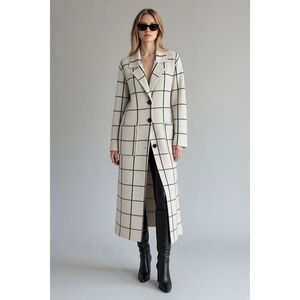 John + Jenn Windowpane Plaid Longline Cardigan Coat Size Large Cream Duster